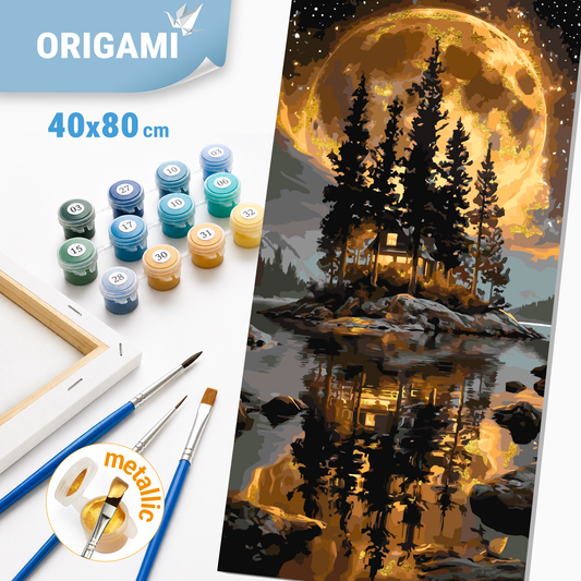 Malen nach Zahlen auf Keilrahmen 40×80 cm – Landschaft Insel unter dem Mond mit Metallicfarben LW 5184