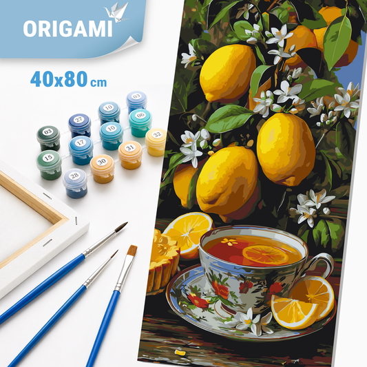 Malen nach Zahlen auf Keilrahmen 40×80 cm – Stillleben. Tee im Zitronengarten LW 5197