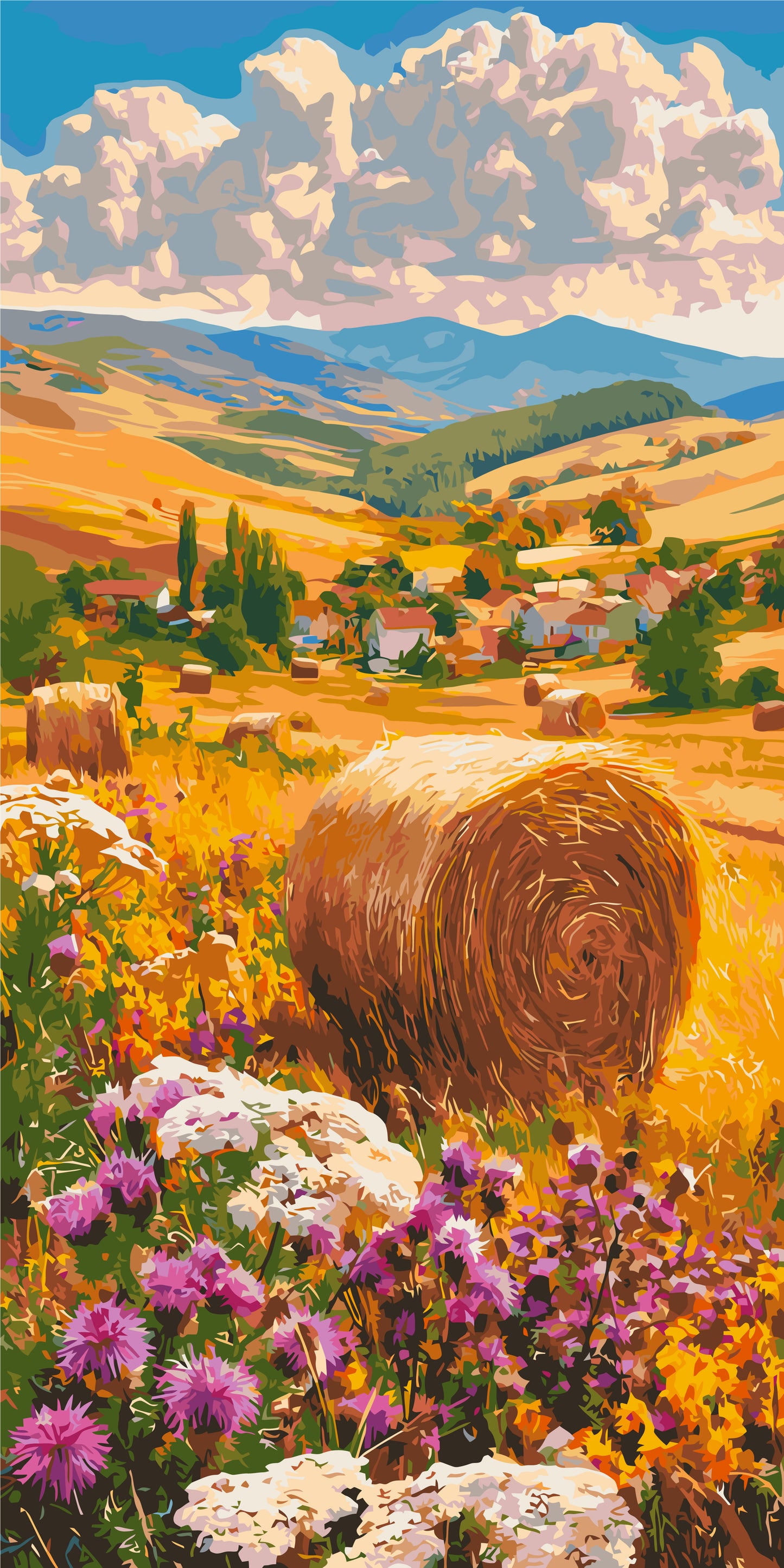 Malen nach Zahlen auf Keilrahmen 40×80 cm – Blumen inmitten der Ernte – Landschaft/Blumen mit Metallicfarben – LW 5211