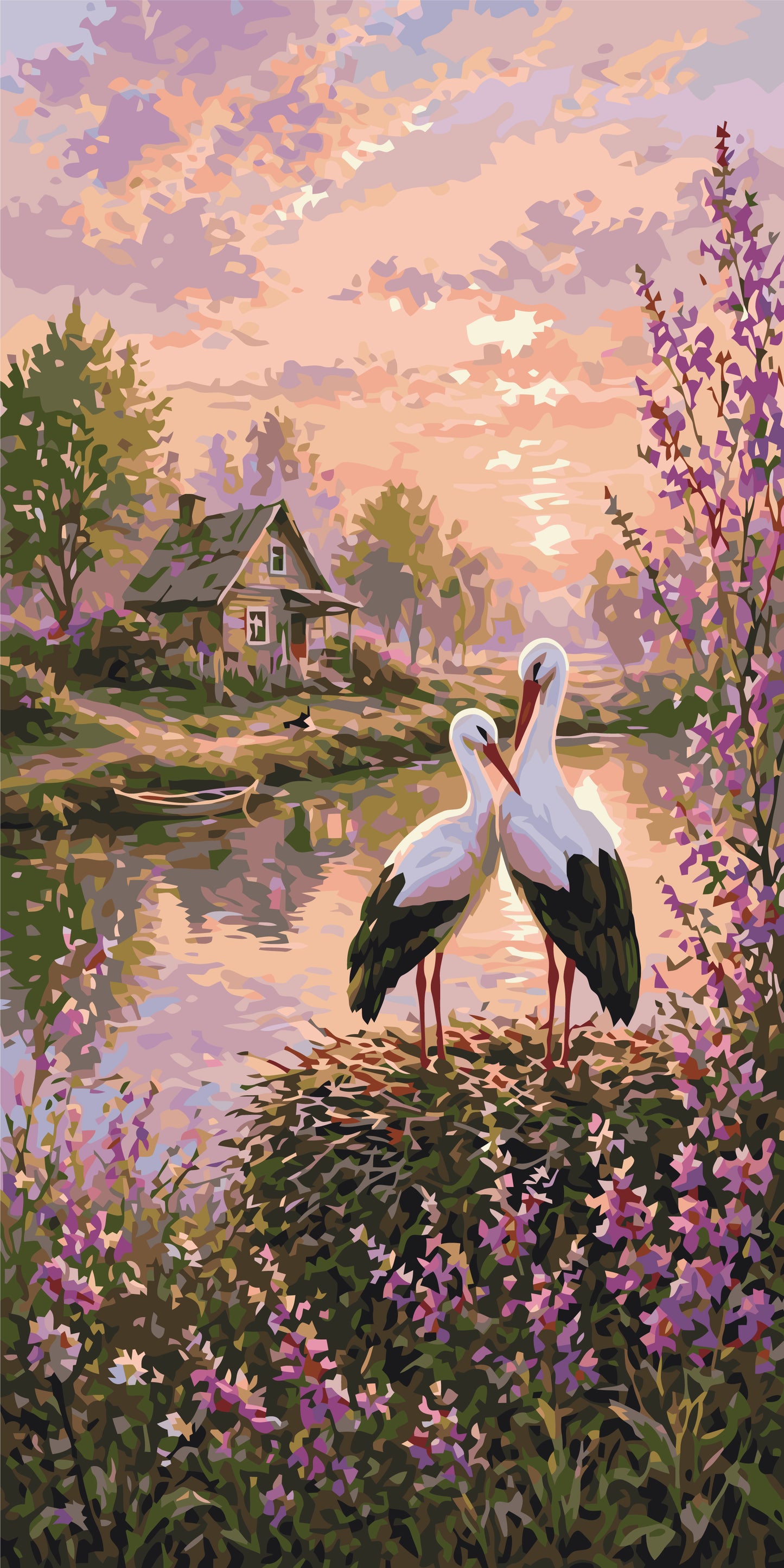 Malen nach Zahlen auf Keilrahmen 40×80 cm – Störche als Glücksbringer – Tiere/Landschaft – LW 5215