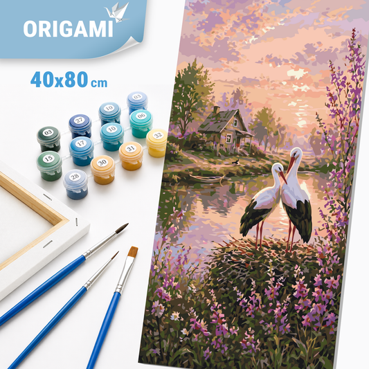 Malen nach Zahlen auf Keilrahmen 40×80 cm – Störche als Glücksbringer – Tiere/Landschaft – LW 5215