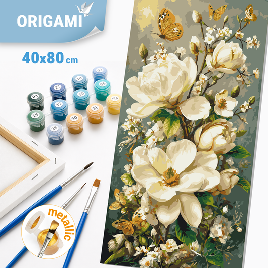 Paint by Numbers on a 40x80 cm frame - Magnolias and Butterflies - Flowers with Metallic Paints - LW 5218