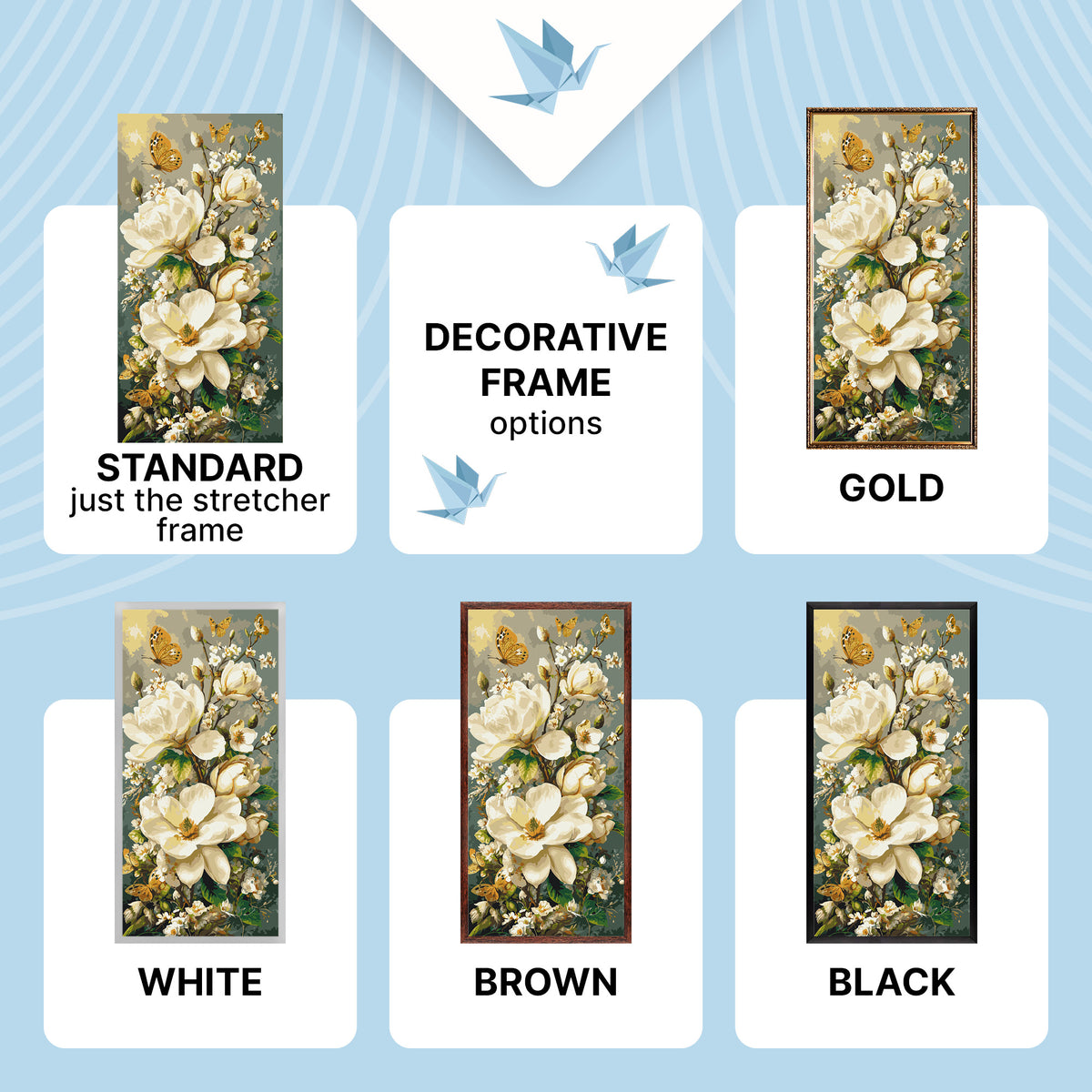 Malen nach Zahlen auf Keilrahmen 40×80 cm – Magnolien und Schmetterlinge mit Metallicfarben – Blumen – LW 5218