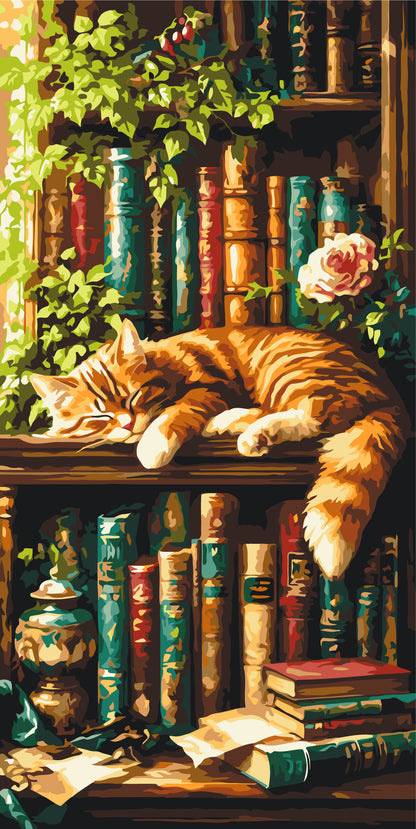 Malen nach Zahlen auf Keilrahmen 40×80 cm – Die Katze des Bibliothekars – Tiere/Landschaft – LW 5221