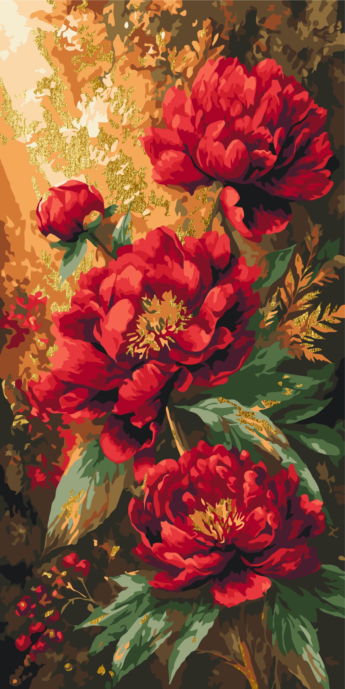 Malen nach Zahlen auf Keilrahmen 40×80 cm – Leuchtende Pfingstrosen – Blumen mit Metallicfarben – LW 5224