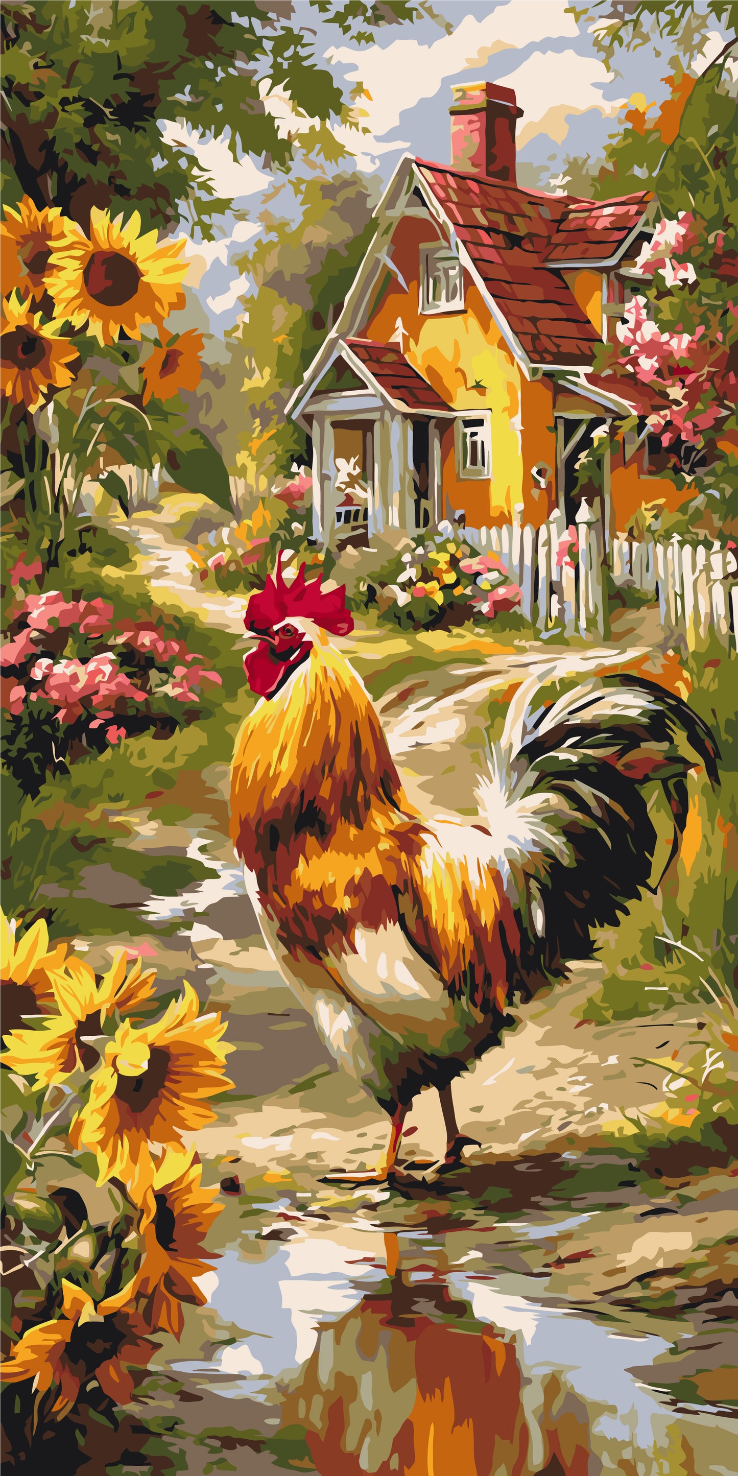 Malen nach Zahlen auf Keilrahmen 40×80 cm – Hahn am Landhaus – Tiere/Landschaft – LW 5228