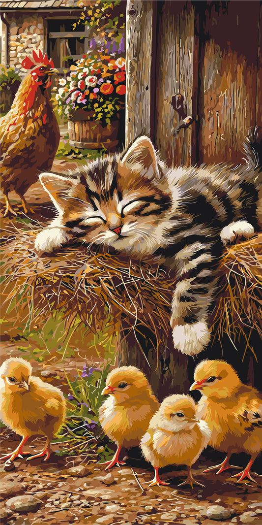 Malen nach Zahlen auf Keilrahmen 40×80 cm – Süßer Traum: Kätzchen, Hahn und Küken – Tiere – LW 5230