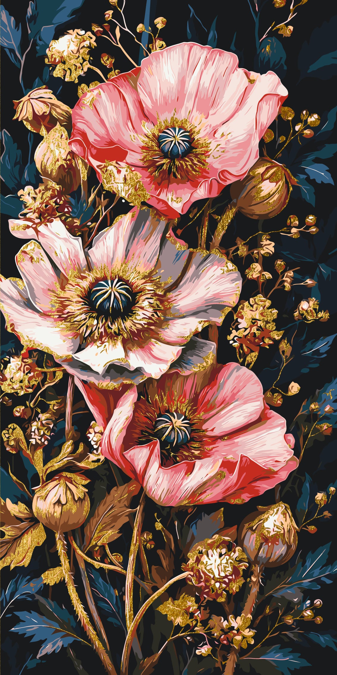 Malen nach Zahlen auf Keilrahmen 40×80 cm – Mohnblumen – Blumen mit Metallicfarben – LW 5235