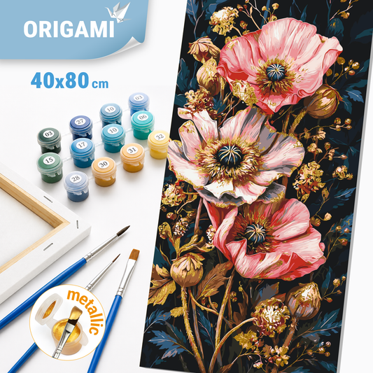 Malen nach Zahlen auf Keilrahmen 40×80 cm – Mohnblumen – Blumen mit Metallicfarben – LW 5235