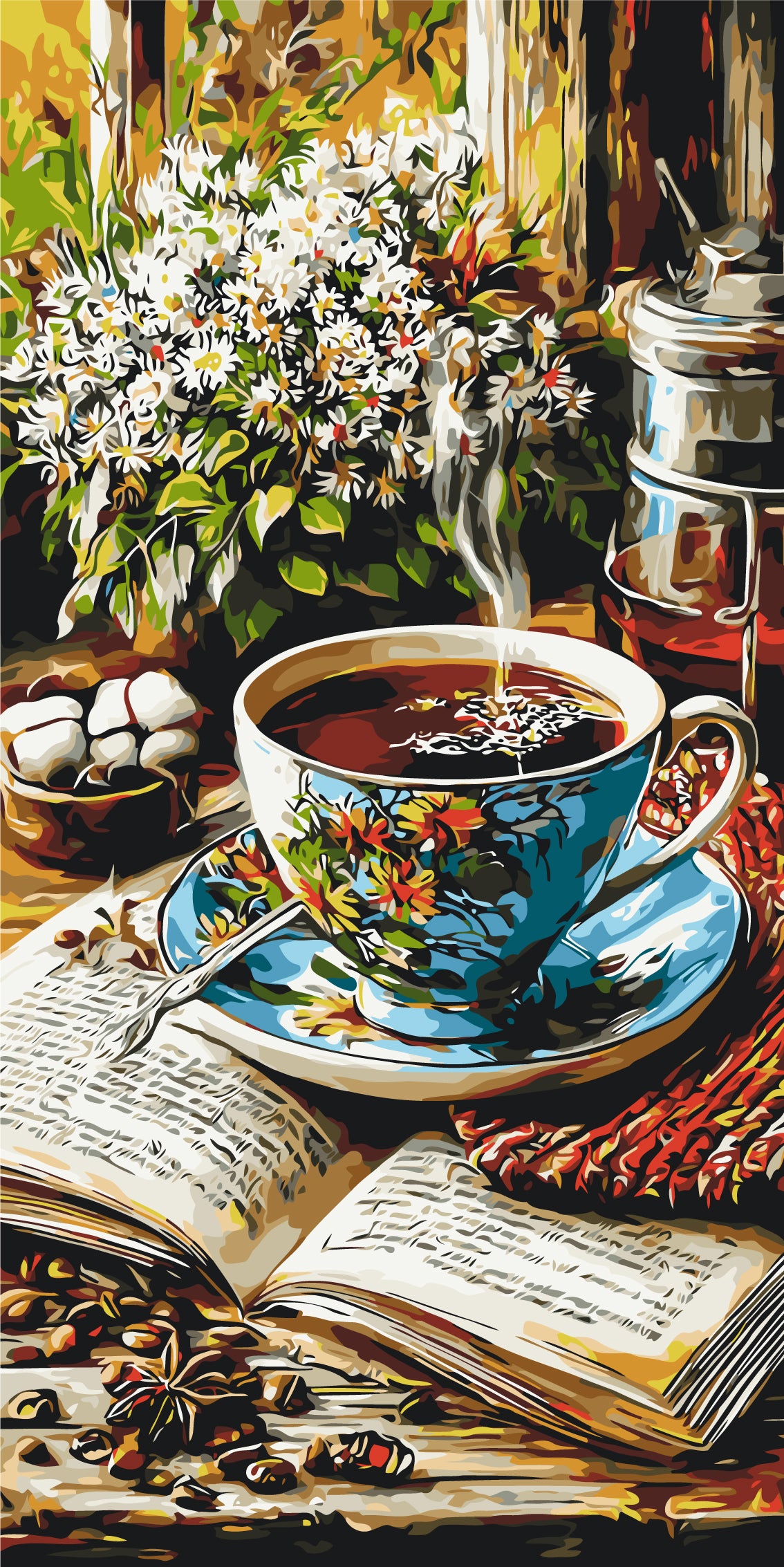 Malen nach Zahlen auf Keilrahmen 40×80 cm – Geschichten bei einer Tasse Kaffee – Stillleben – LW 5237