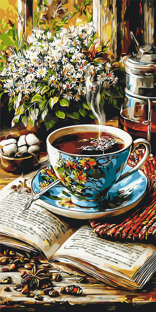 Malen nach Zahlen auf Keilrahmen 40×80 cm – Geschichten bei einer Tasse Kaffee – Stillleben – LW 5237