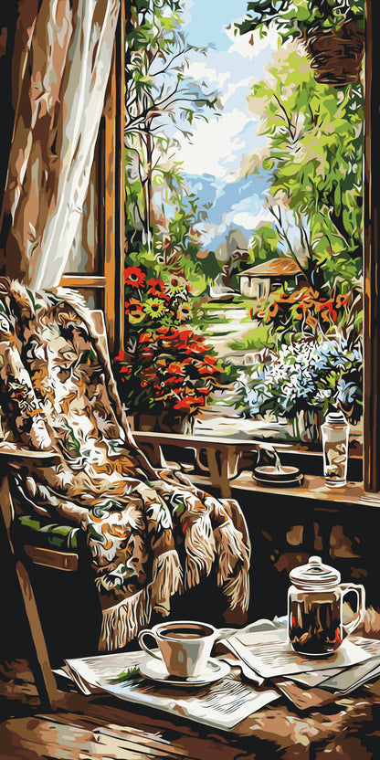 Malen nach Zahlen auf Keilrahmen 40×80 cm – Morgen im Gartenhaus – Landschaft – LW 5238