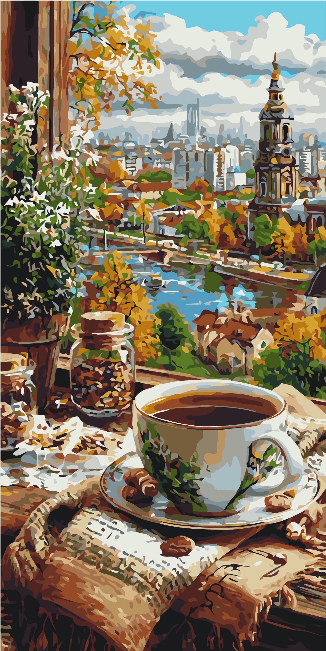 Malen nach Zahlen auf Keilrahmen 40×80 cm – Kaffee mit Blick auf die Altstadt – Landschaft/Stillleben – LW 5239