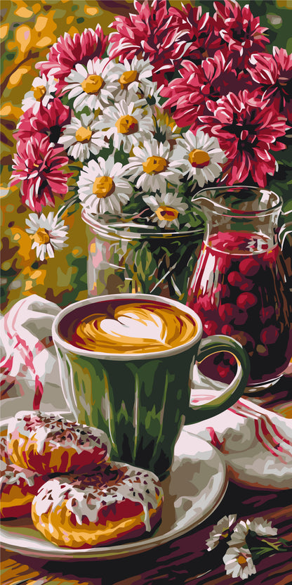 Malen nach Zahlen auf Keilrahmen 40×80 cm – Morgenkaffee mit Donut und Blumen – Stillleben/Blumen – LW 5243