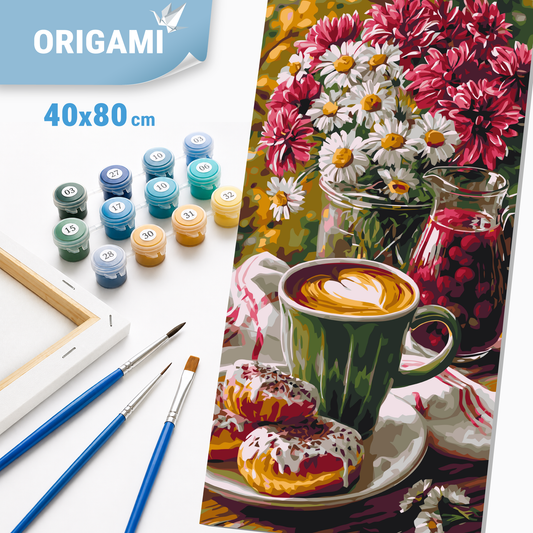 Malen nach Zahlen auf Keilrahmen 40×80 cm – Morgenkaffee mit Donut und Blumen – Stillleben/Blumen – LW 5243