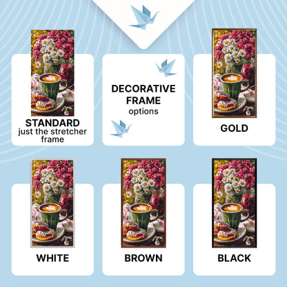 Malen nach Zahlen auf Keilrahmen 40×80 cm – Morgenkaffee mit Donut und Blumen – Blumen/Stillleben – LW 5243