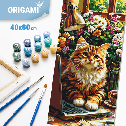 Malen nach Zahlen auf Keilrahmen 40×80 cm – Flauschiger Office-Manager (Katze) – Tiere – LW 5246