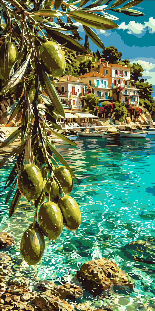 Malen nach Zahlen auf Keilrahmen 40×80 cm – Mediterraner Traum – Olivenparadies – Landschaft – LW 5247