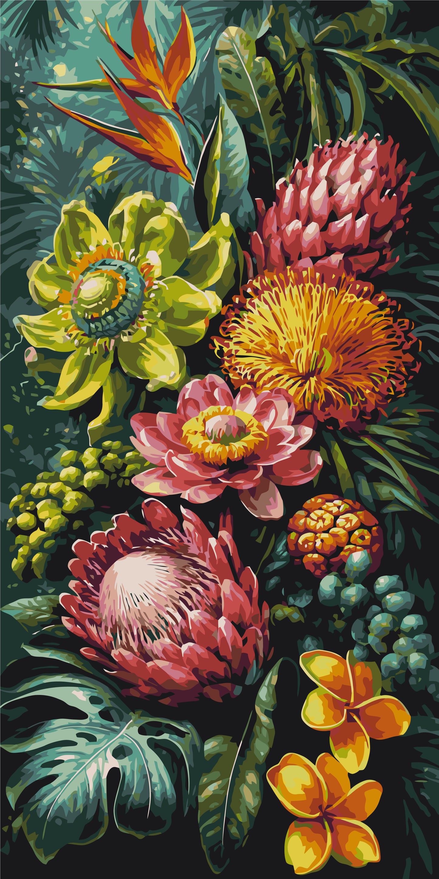 Malen nach Zahlen auf Keilrahmen 40×80 cm – Tropische Symphonie – Blumen – LW 5251