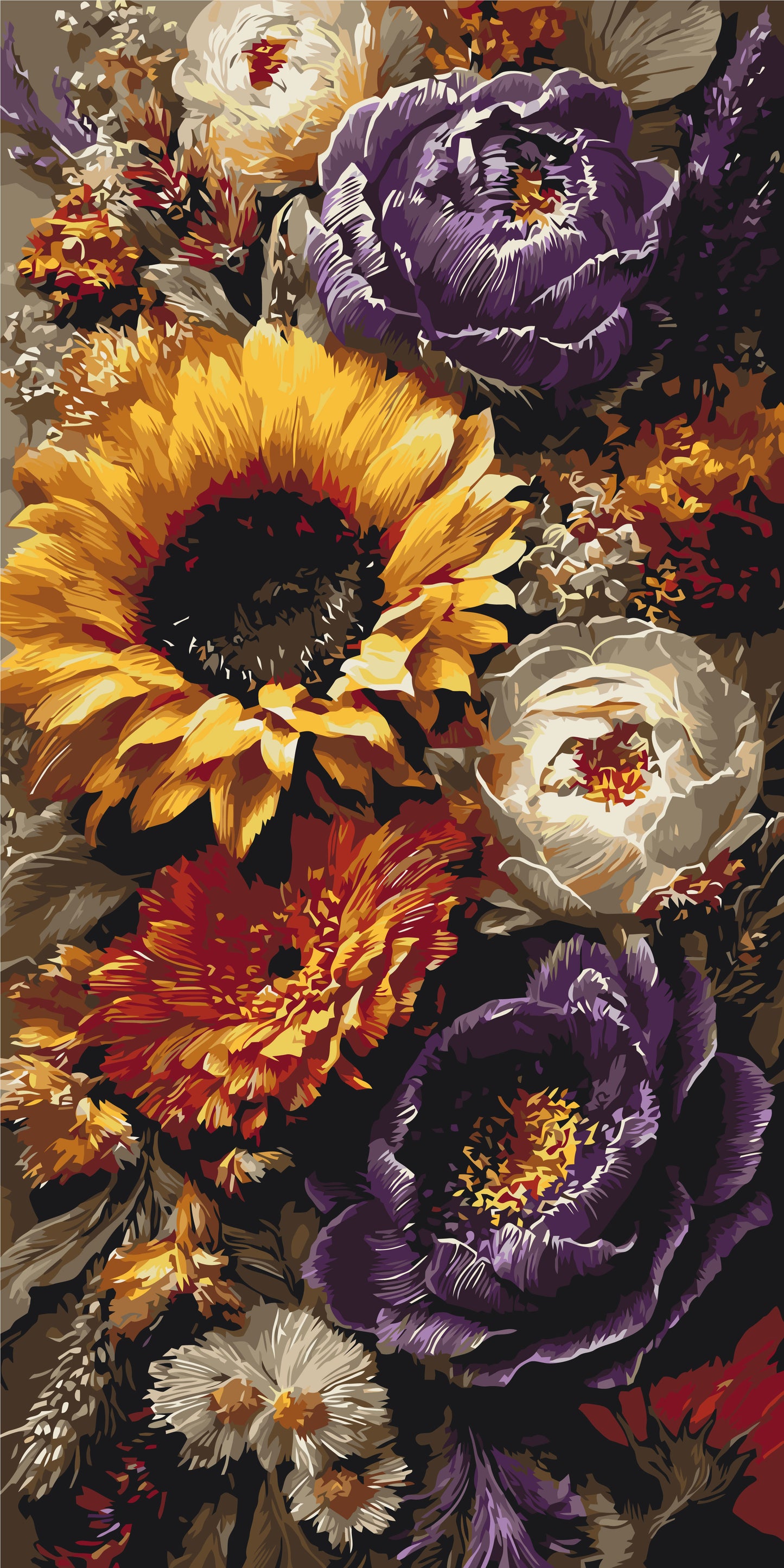 Malen nach Zahlen auf Keilrahmen 40×80 cm – Sonnenblume und Pfingstrosen – Blumen – LW 5254