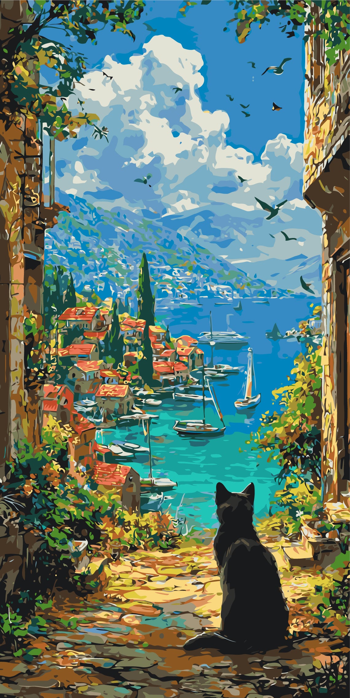Malen nach Zahlen auf Keilrahmen 40×80 cm – Schwarze Katze über einer Meeresbucht – Landschaft/Tiere – LW 5257