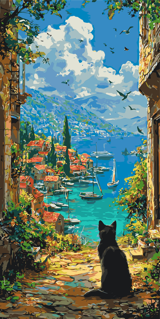 Malen nach Zahlen auf Keilrahmen 40×80 cm – Schwarze Katze über einer Meeresbucht – Landschaft/Tiere – LW 5257
