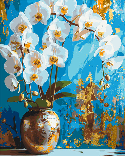 Malen nach Zahlen auf Keilrahmen 40×50 cm – Weiße Orchidee. Blumen mit Metallicfarben LW 8100