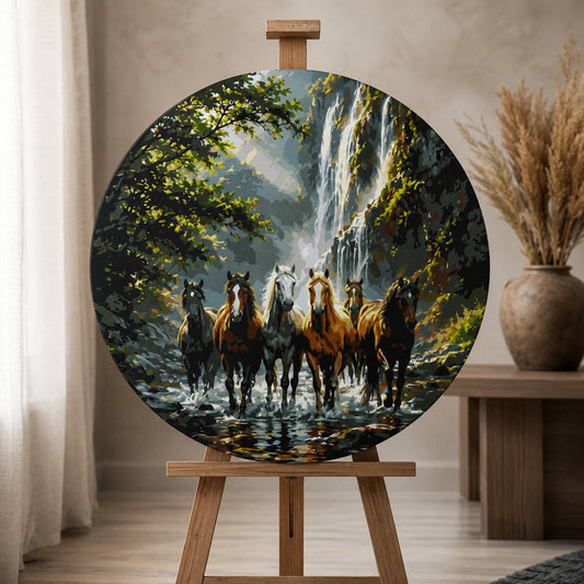 Rundes Malen nach Zahlen Ø45 cm – Tiere/Landschaft – Wildpferde am Wasserfall – OR 2018