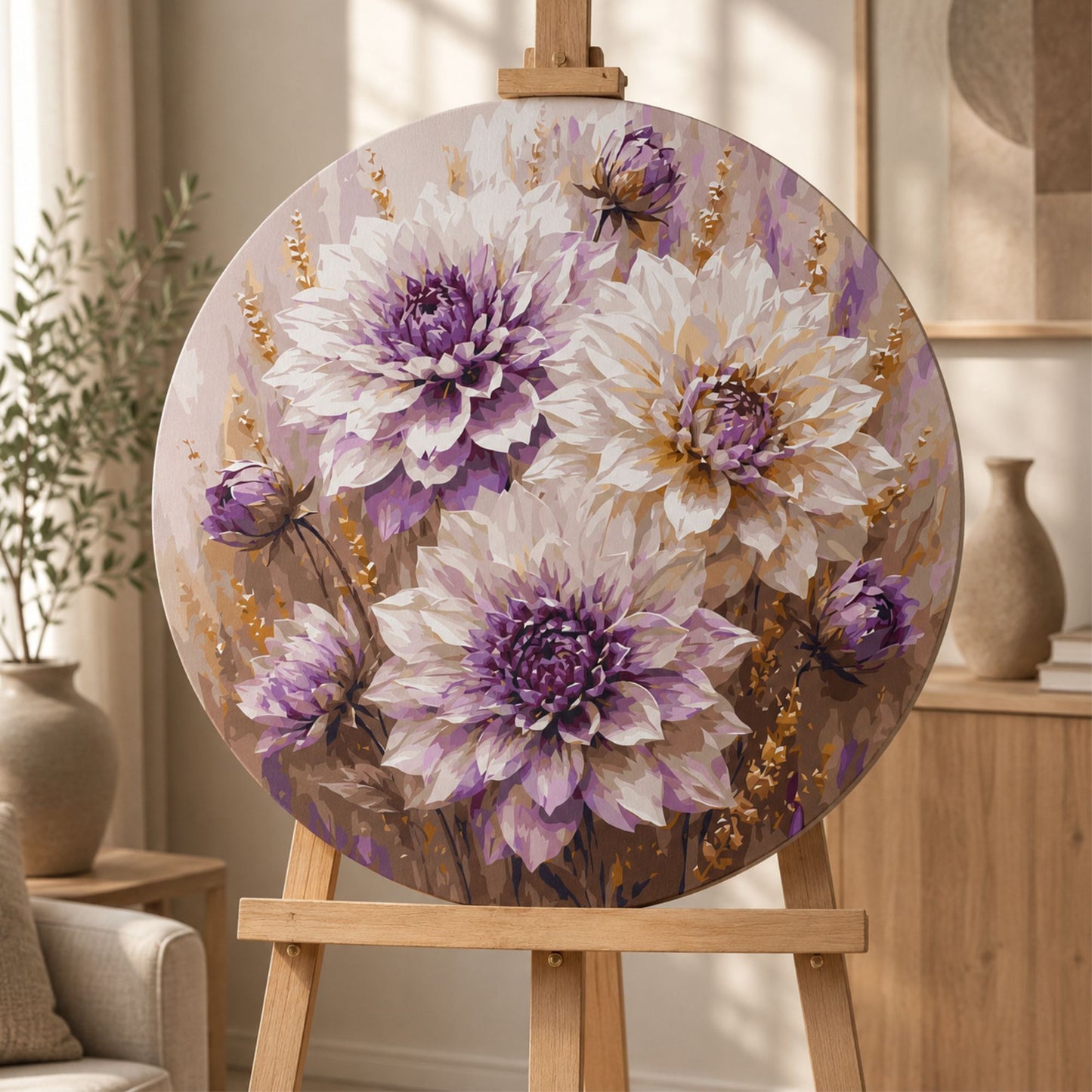 Round Paint by Numbers Ø45 cm Flowers. Purple Dahlias with Metallic Paints OR 2025
