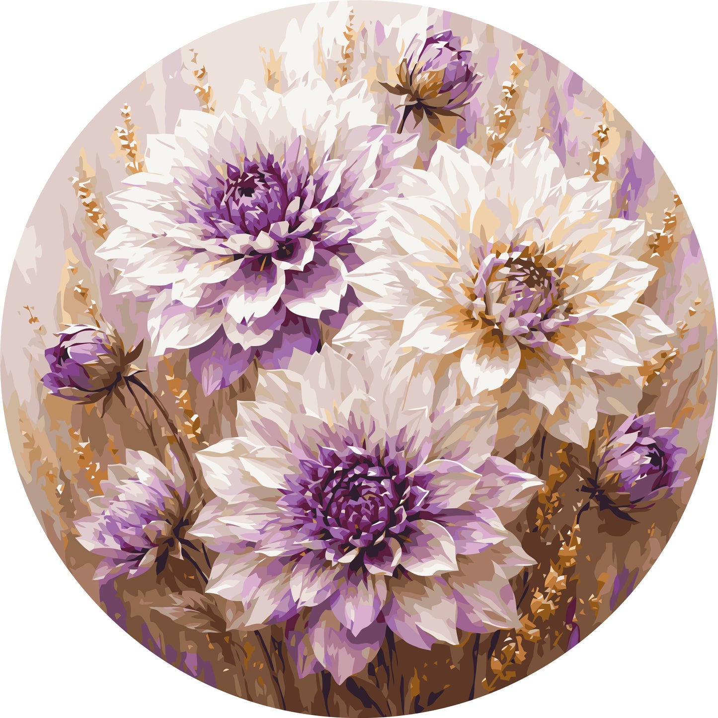 Round Paint by Numbers Ø45 cm Flowers. Purple Dahlias with Metallic Paints OR 2025
