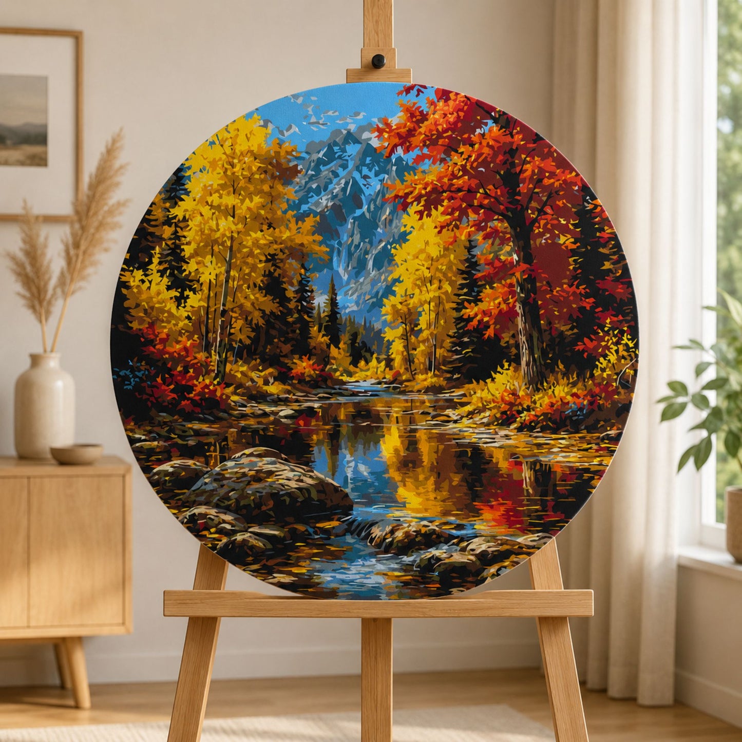 Rundes Malen nach Zahlen Ø45 cm – Landschaft – Herbstlicher Fluss in den Bergen – OR 2029