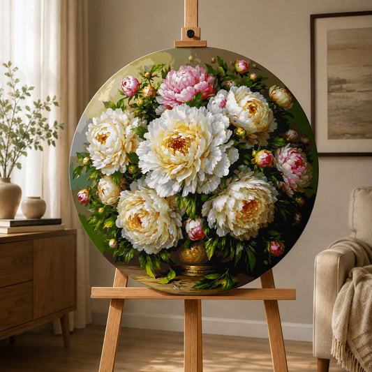Rundes Malen nach Zahlen Ø45 cm – Blumen/Stillleben – Pfingstrosenstrauß in der Vase – OR 2032