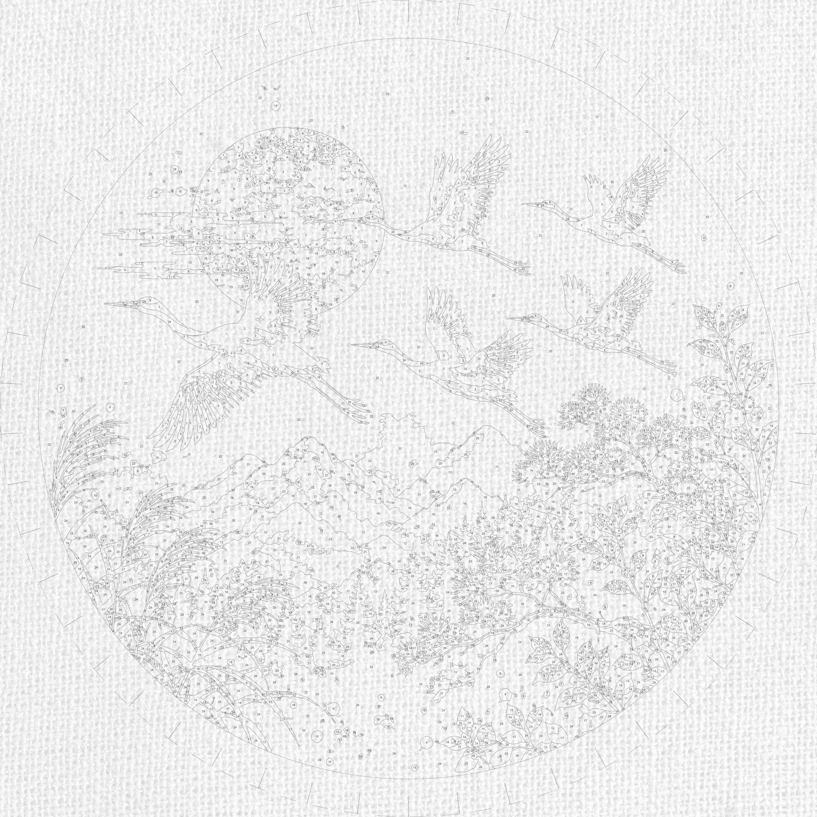 Rundes Malen nach Zahlen Ø45 cm – Tiere/Landschaft – Kraniche unter dem Mond mit Metallicfarben – OR 2033