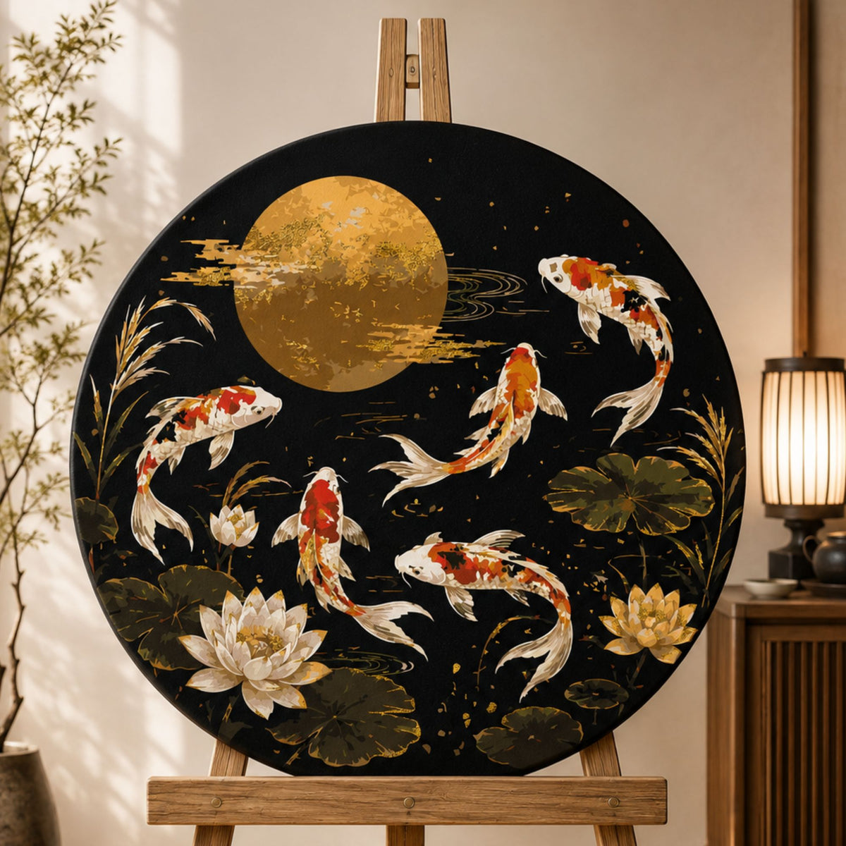 Rundes Malen nach Zahlen – Koi unter goldenem Mond