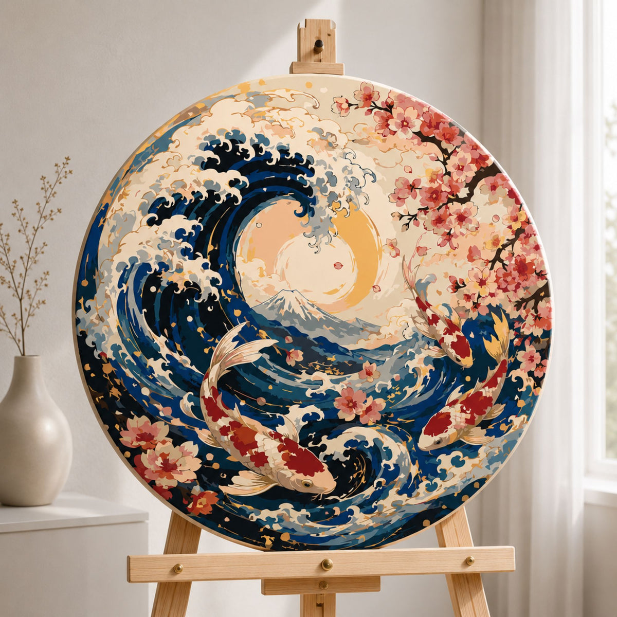Rundes Malen nach Zahlen Ø45 cm – Koi-Karpfen und die große Welle vor Kanagawa – Landschaft/Tiere – OR 2038