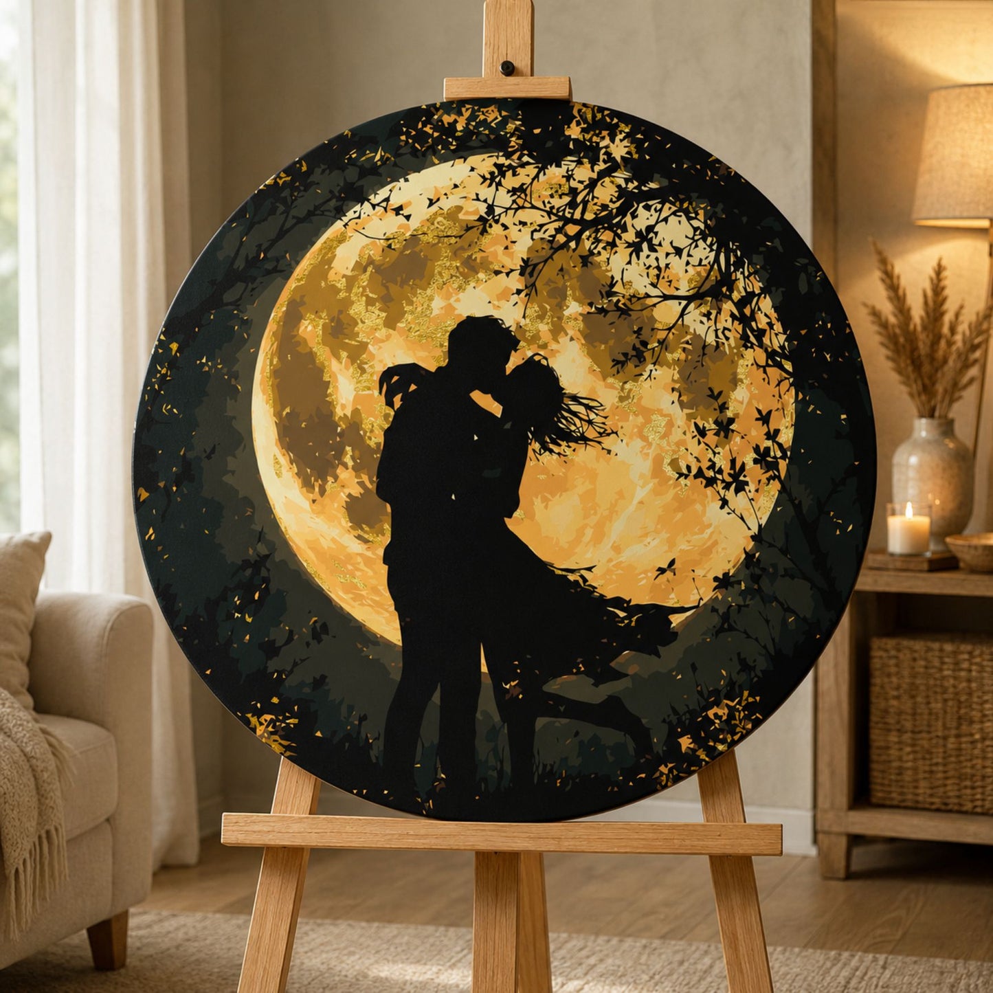 Rundes Malen nach Zahlen Ø45 cm – Menschen/Landschaft – Paar unter dem Mond mit Metallicfarben – OR 2040