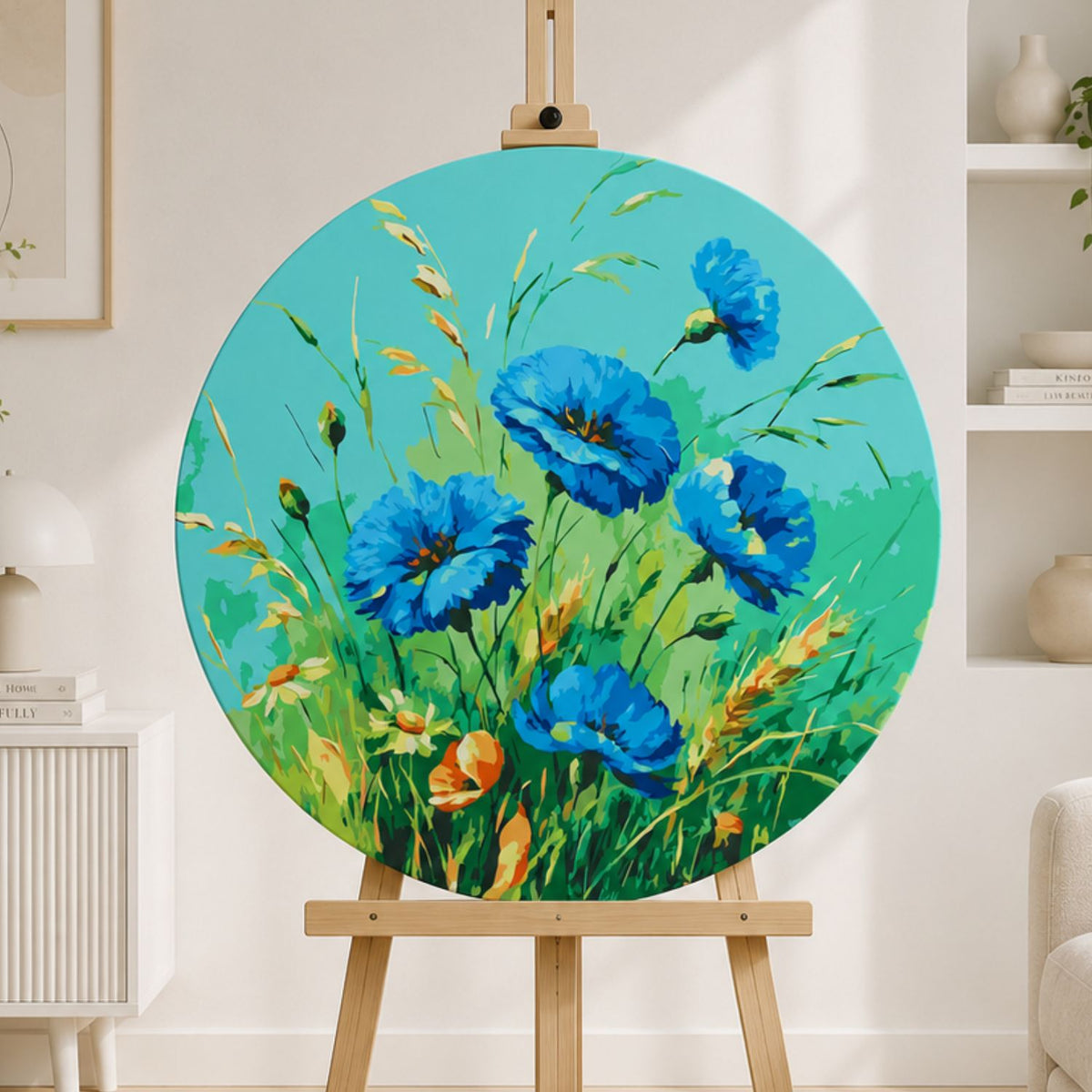 Rundes Malen nach Zahlen Ø40 cm – Blauer Mohn – Blumen – OR 2046