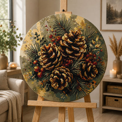 Rundes Malen nach Zahlen Ø35 cm – Winterliche Zapfen und Tannennadeln mit Metallicfarben – Winter/Weihnachten/Stillleben – OR 2058