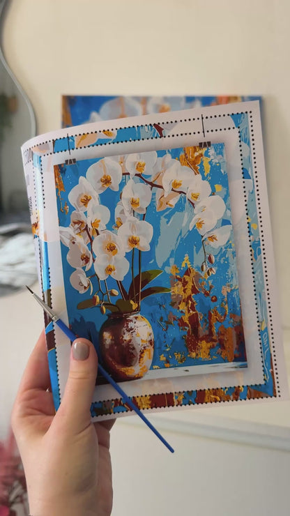 Malen nach Zahlen auf Keilrahmen 40×50 cm – Weiße Orchidee. Blumen mit Metallicfarben LW 8100