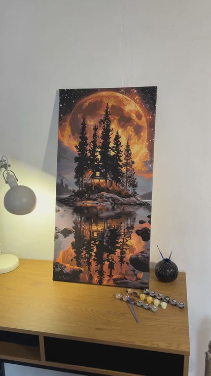 Malen nach Zahlen auf Keilrahmen 40×80 cm – Landschaft Insel unter dem Mond mit Metallicfarben LW 5184