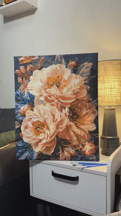 Malen nach Zahlen auf Keilrahmen 40×50 cm – Blumen - Beige Pfingstrosen mit Metallicfarben LW 3159-01